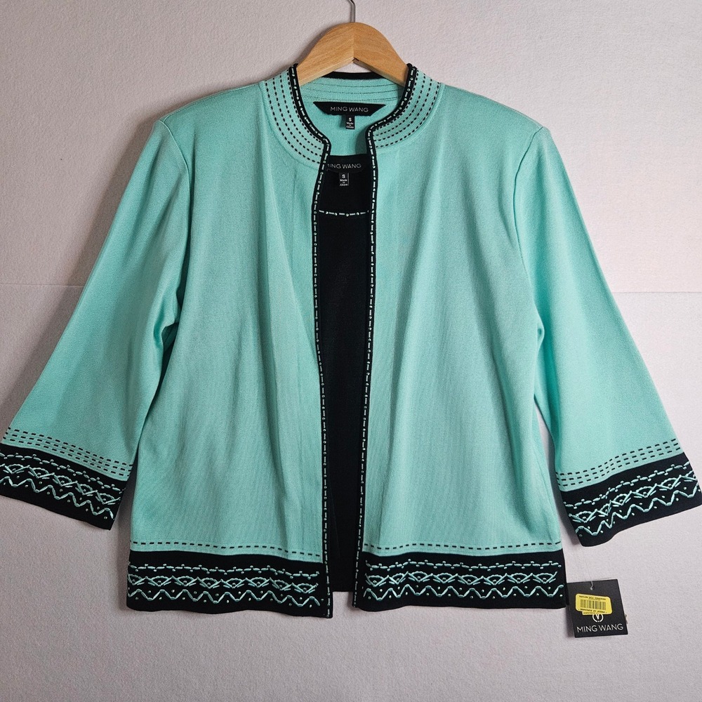 Ming Wang Aqua Mint Black Knit Jacket Sweater Set Studded Embroidered Small NEW
